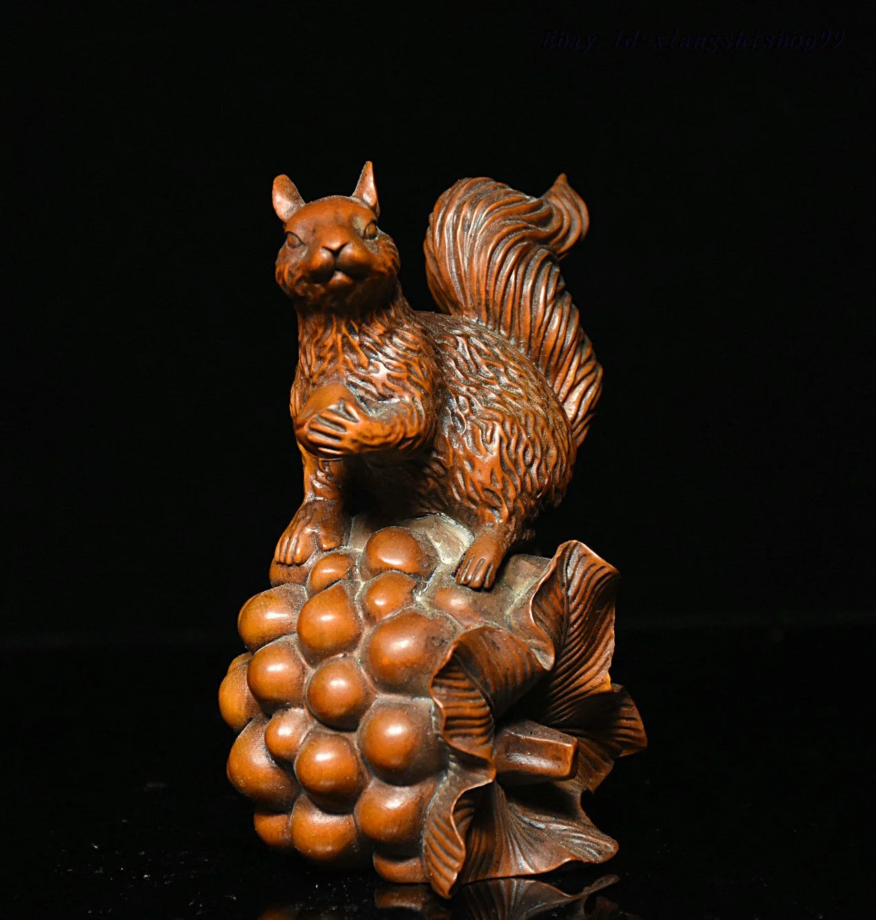 Chinese Folk Collection Boxwood wood animal squirrel mouse pine nut Statue