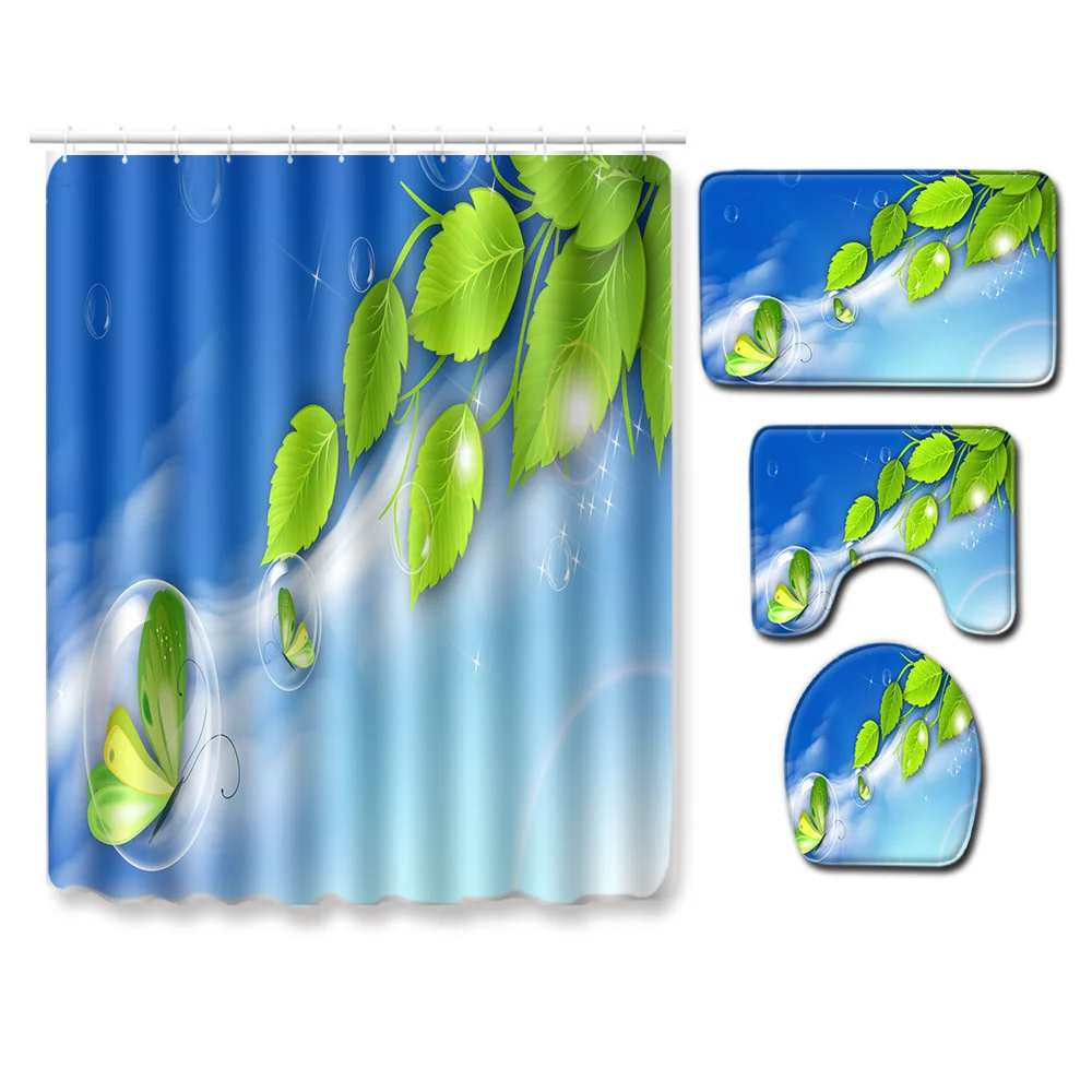 

Green Plant leaf Shower Curtain set Bathroom Carpet Toilet lid non-slip Bath mat Shower Curtain Home Decoration