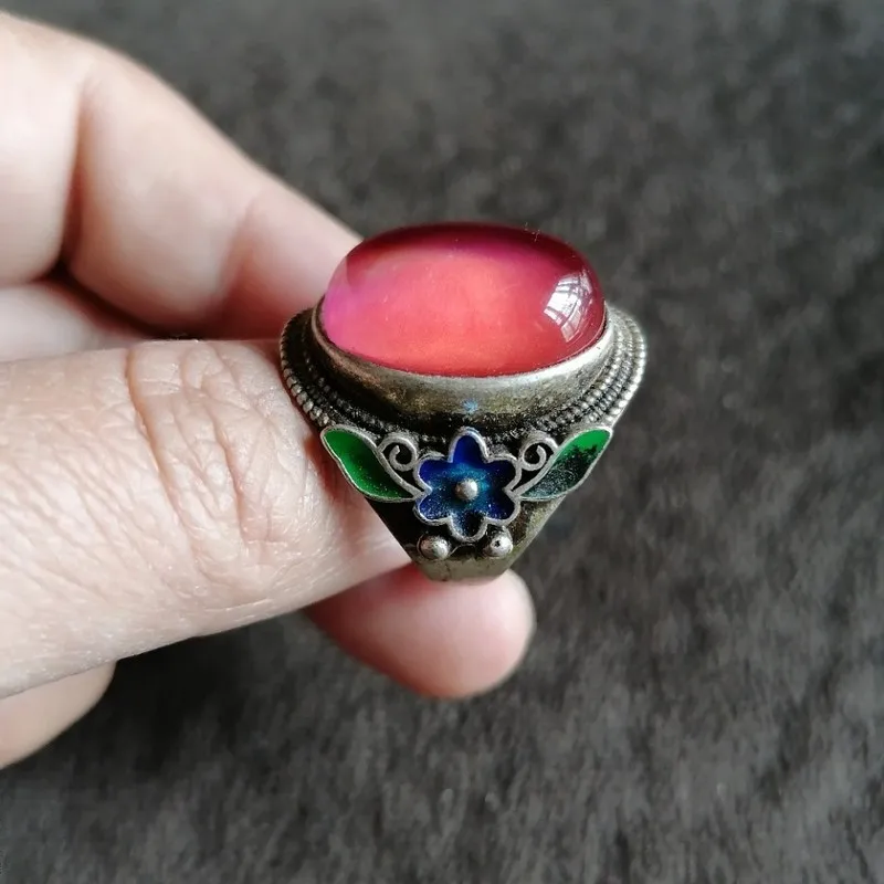 Antique Vintage Retro Silver Color-Changing Gemstones, Adjustable Ring With Aged Patina