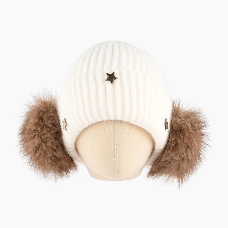 Neue Nischen-Mütze mit Metallstern-Dekoration für Männer und Frauen im Winter, dick und warm, mit Ohrenschutz und Pompon. – Detail 8