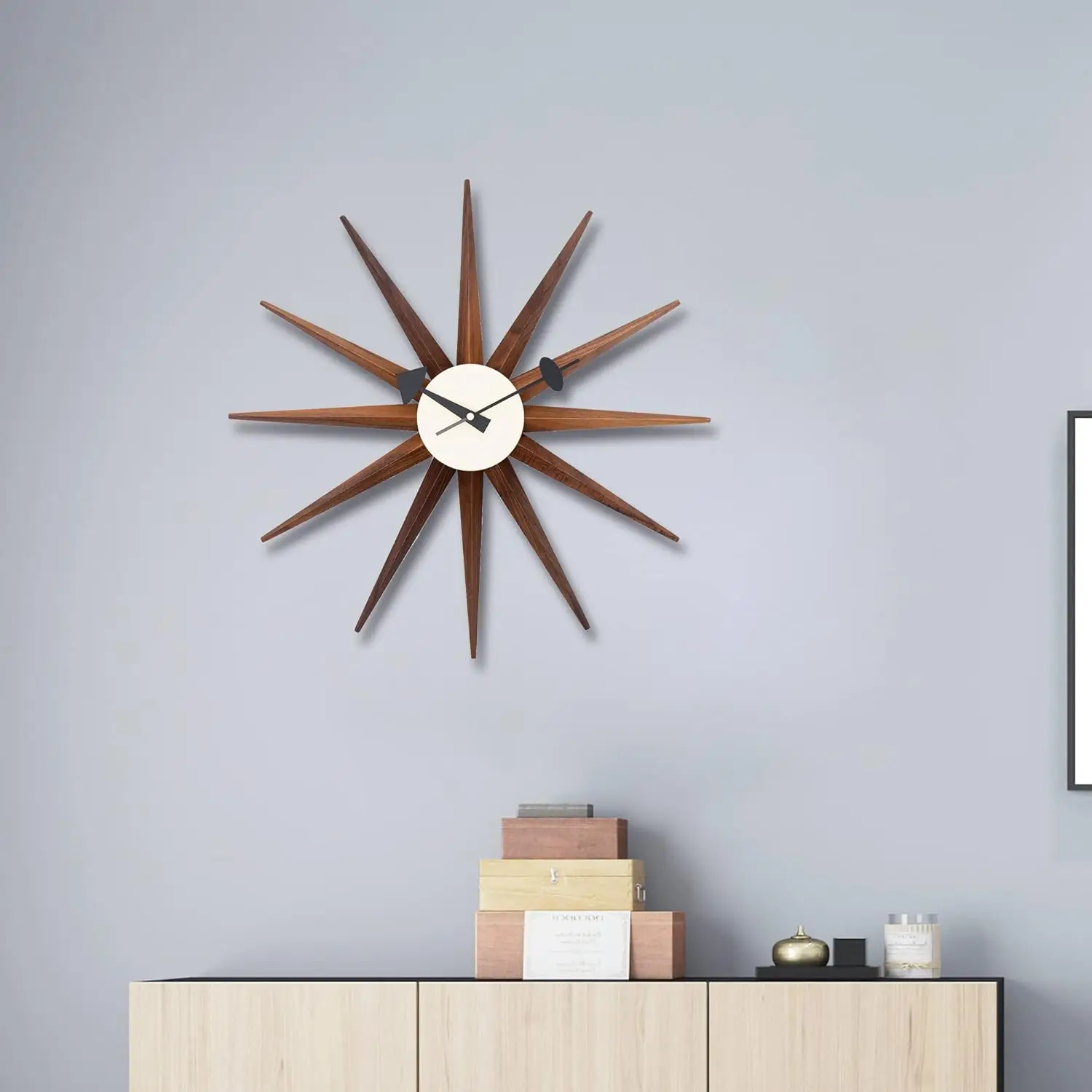 Mid Century Wall Clock Walnut Wooden Starburst Clock Replica George Nelson Sunburst Clock for Decorative Office Wall Living Room