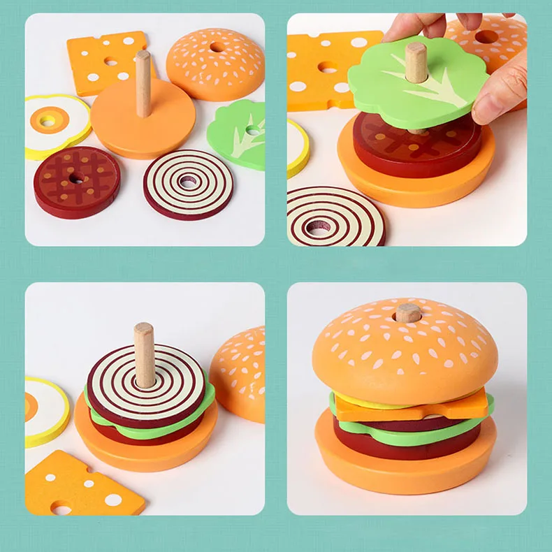 Holz Burger Sandwich Stapeln Spielzeug Montessori Pädagogisches Spielzeug Pretend Spielen Lebensmittel Puzzle Spielzeug Für Kinder Entwickeln Feinmotorik – Detail 3