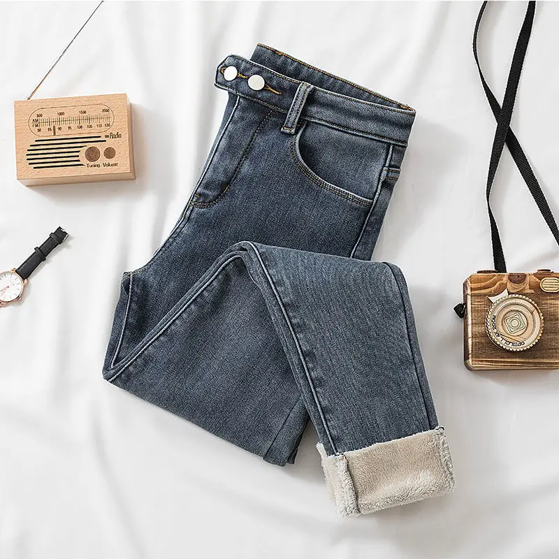Winter Jeans Women Casual Plus Velvet Elastic High Waist Denim Trousers Office Lady Vintage Fleece Lined Stretch Pantalones