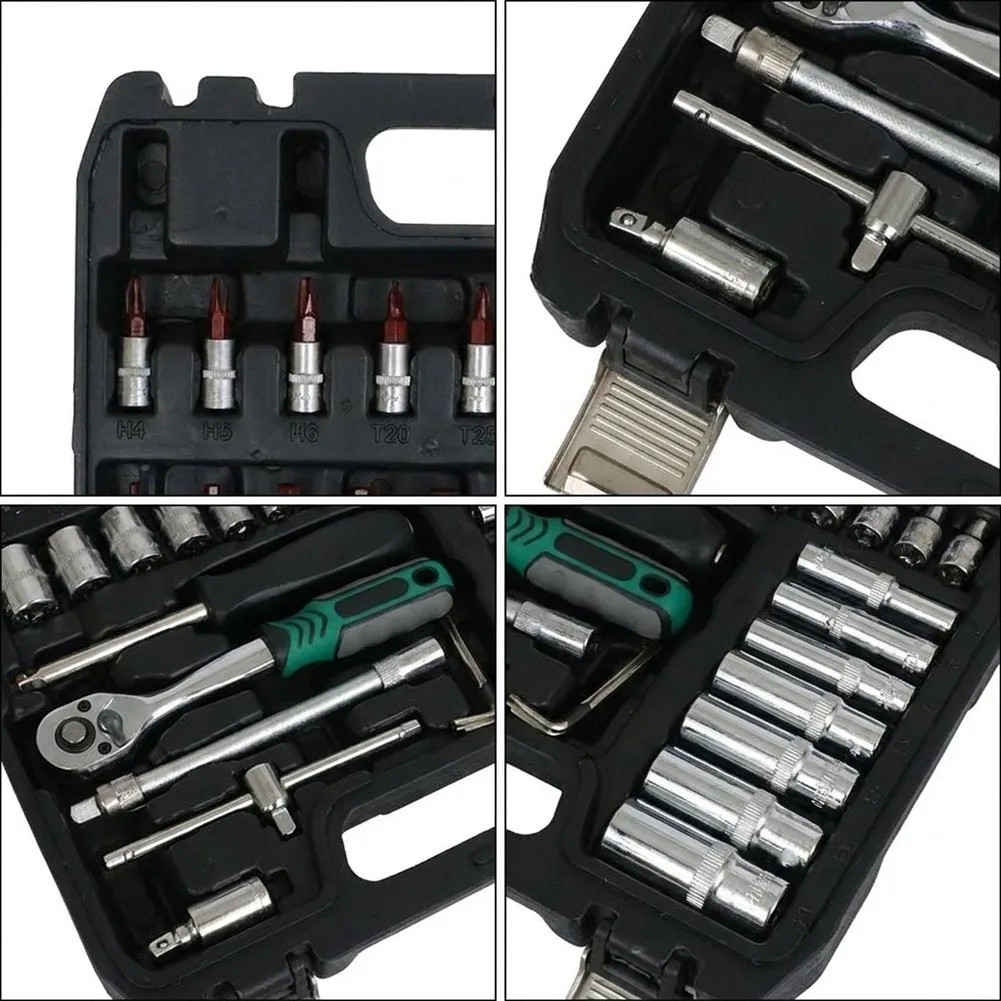 1/4 inch drive 53 piece socket ratchet kit featuring 72 tooth ratchet wrench and organized black carrying case
