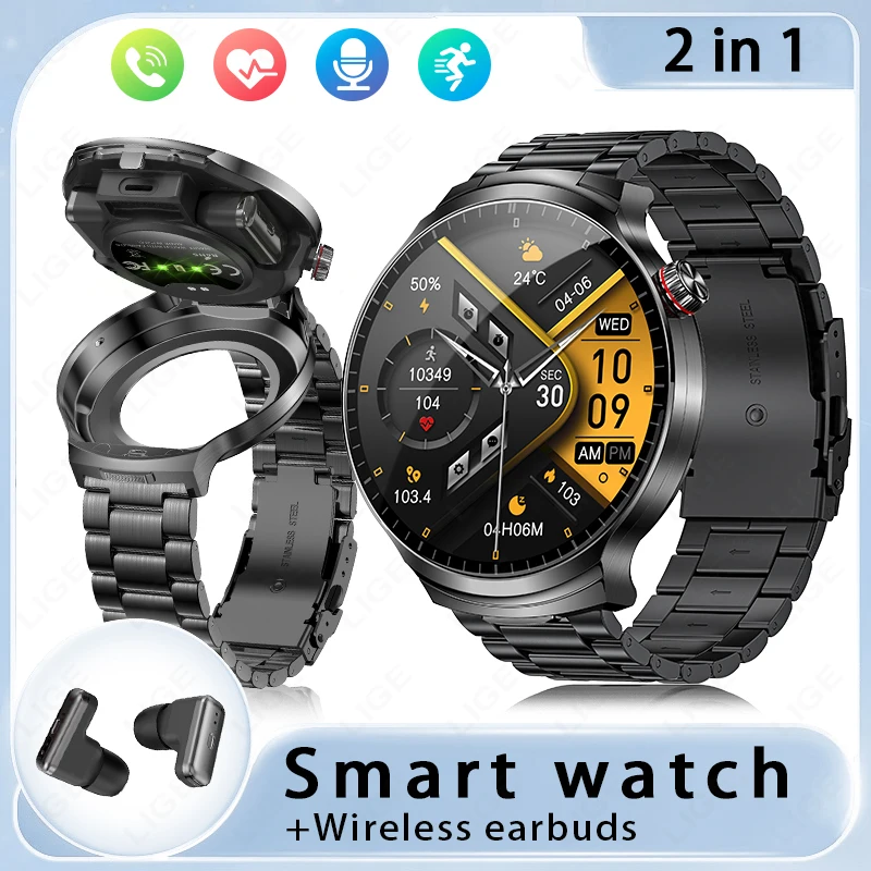 LIGE Neue Smartwatch TWS 2-in-1 Kopfhörer Sport-Smartwatch Bluetooth-Anrufe Gesundheitsmonitor Fitness-Aufzeichnungs-Uhr mit Headset