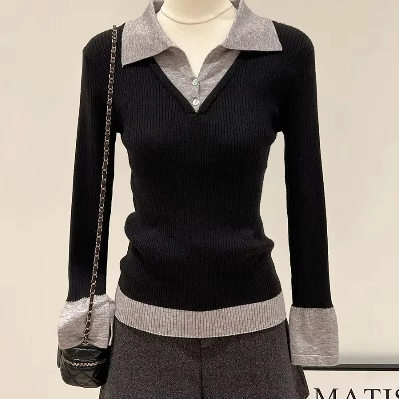 Autumn Korean Vintage Fake Two Piece T Shirts Women Casual Fashion Turn Down Collar Long Sleeve Tees Grunge Gothic Slim Tops New