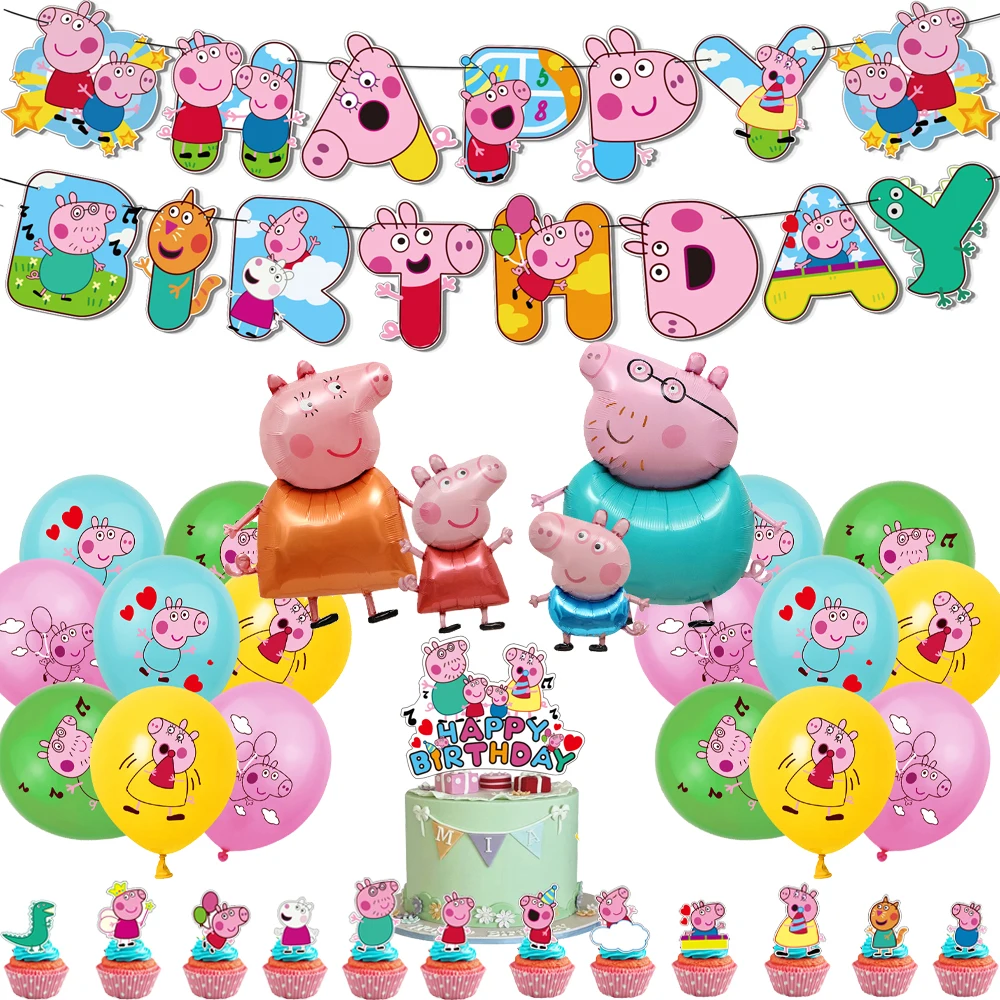 Peppa Pig Birthday Party Decoration Foil Latex Balloon For Kid Event Supplies Banner Backdrop Disposable Tableware Plate Cup