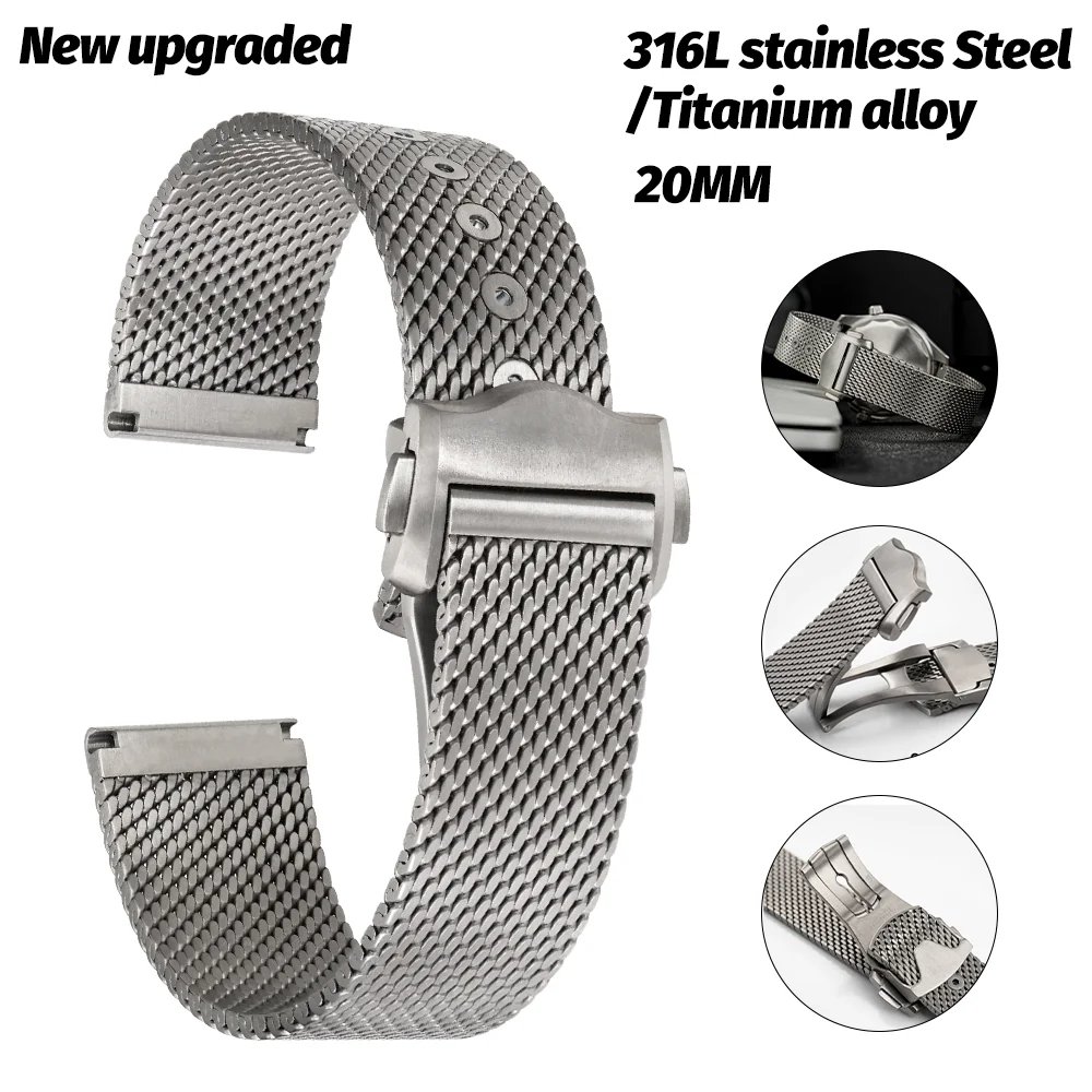 Grade 2 Full Titanium Clasp 20mm Mesh Steel Watch Strap Universal Folding Buckle Replacement Wrist Band For 007 Diver Men Watch