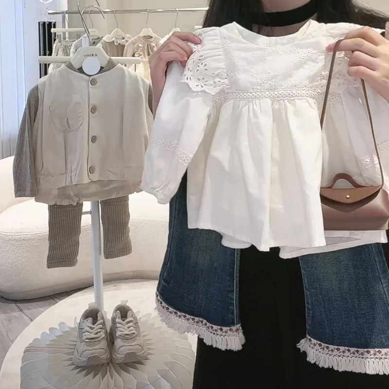 

Girls' Autumn Korean Children's Clothing Fashion Lace Shirt Lace Jeans Trousers Two-Piece Suit Fashion