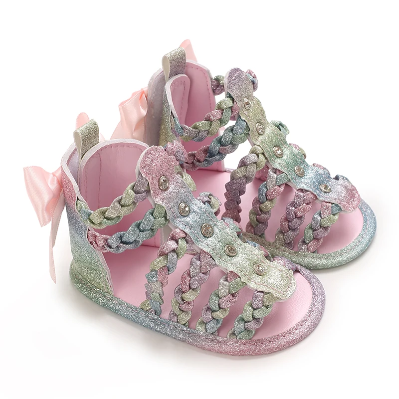 Coloré 0-18M bébé mignon bout ouvert pré école sandales d'été princesse décontracté tissu doux bas antidérapant unique chaussures femmes