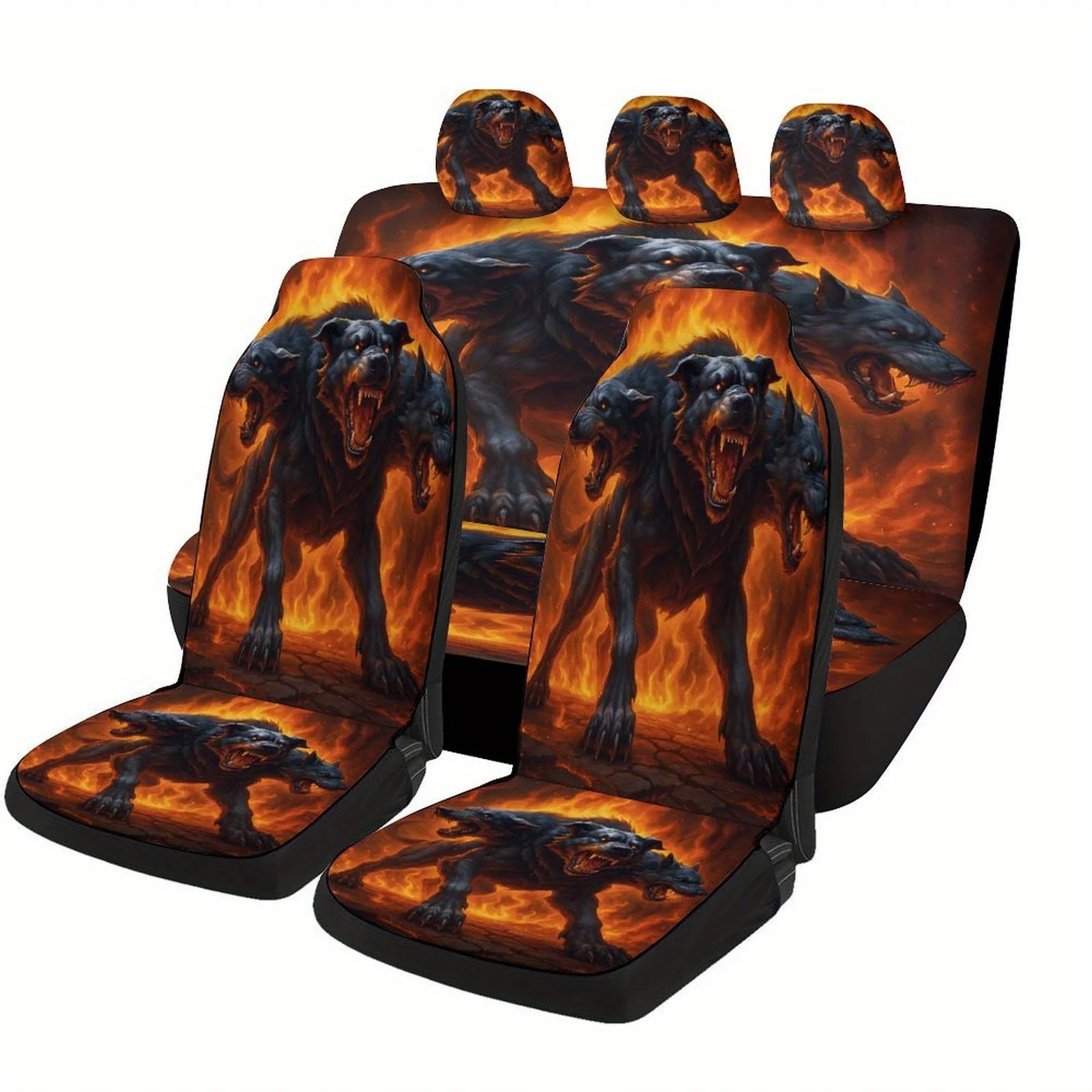 Hellfire Wolves Designed Car Seat Cover Set For Most Cars, Trendy Novelty High-quality Car Seat Protector Covers Full Set, Unive