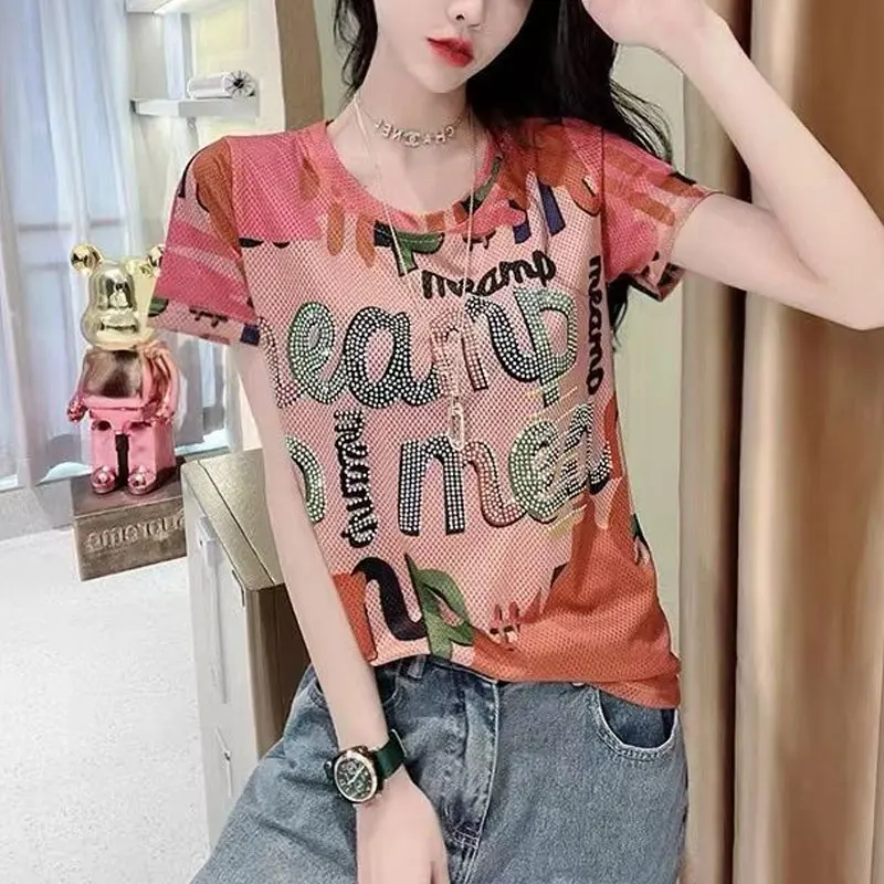 Women\'s Clothing Casual Letter T-shirt Summer Short Sleeve Fashion Diamonds Printed Commute Korean Round Neck Straight Pullovers