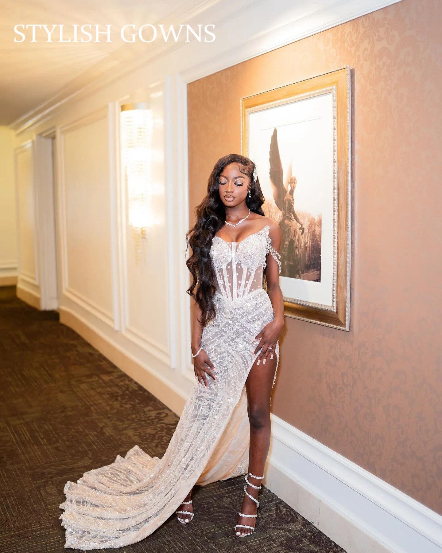 

White V Neck Long Prom Dress For Black Girls Beaded Crystal Birthday Party Dresses Sequined Evening Luxury Dress 2025 Customized