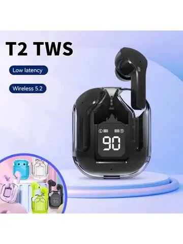 Original T2 Wireless Bluetooth Earphone Transparent HIFI Headphones LED Power Digital Display Stereo Sound Earphones for Xiaomi