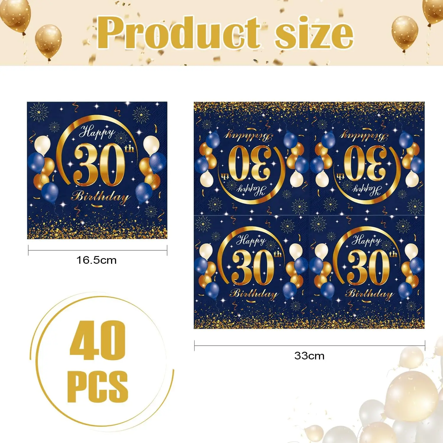 Blue Gold Happy 30th Birthday Napkins, 40 Pcs 30th Party Napkin Disposable, Birthday Serviettes Tissue Cocktail Napkins for Men