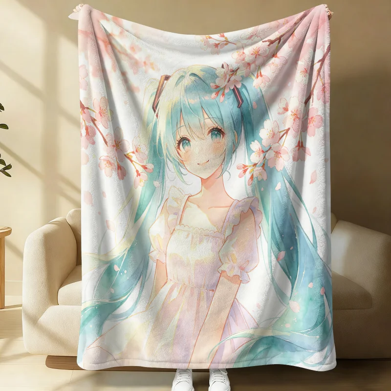 Hatsune Miku Sakura Cherry Blossom Flannel Throw Blanket Bedroom Decor Anime Nap Blanket Air Conditioner Throw Sofa Throw Cover