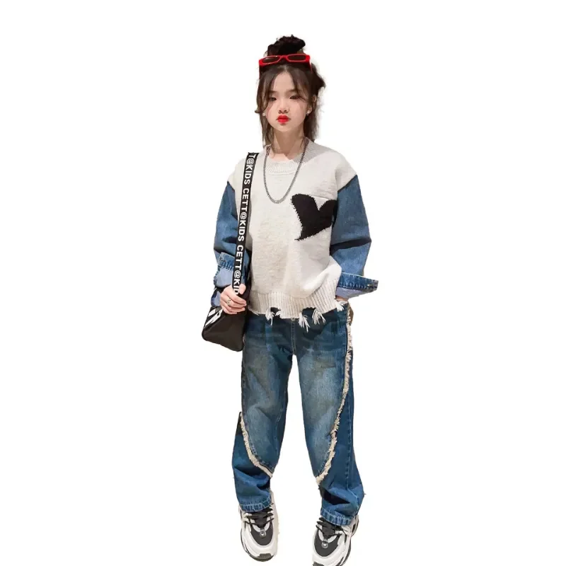 Girls Spring New Set Fashion Casual Denim Patchwork Love Design Sweater + Raw Edge Jeans 2pcs Streetwear Outfits for Teens 4-14Y