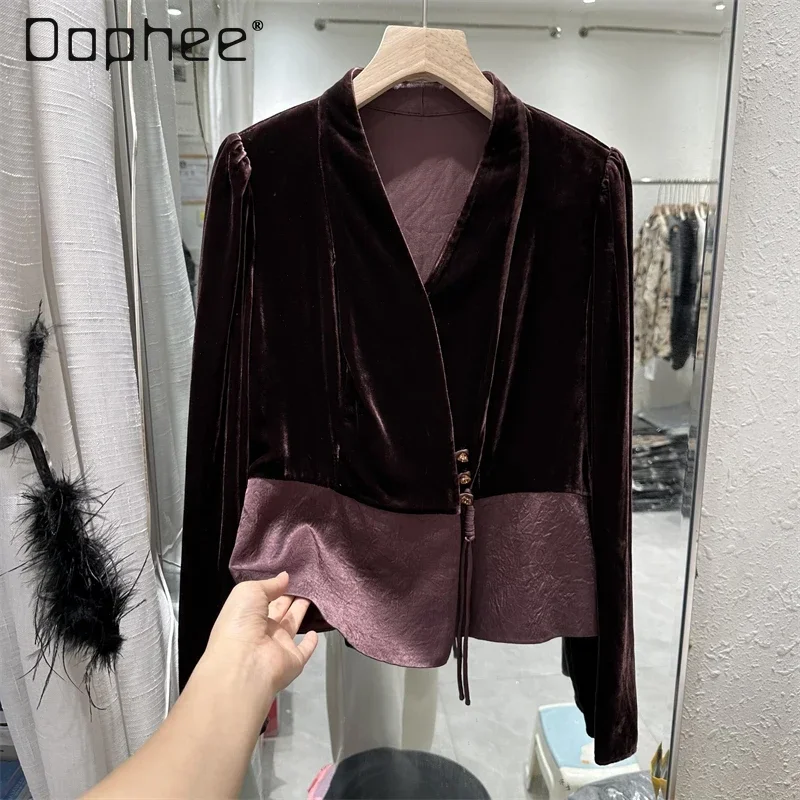 Chinese Style Velvet V Neck Shirt Women\'s Spring Autumn Long Sleeve Blouse Elegant Loose Fashion Velour Tops Red Black