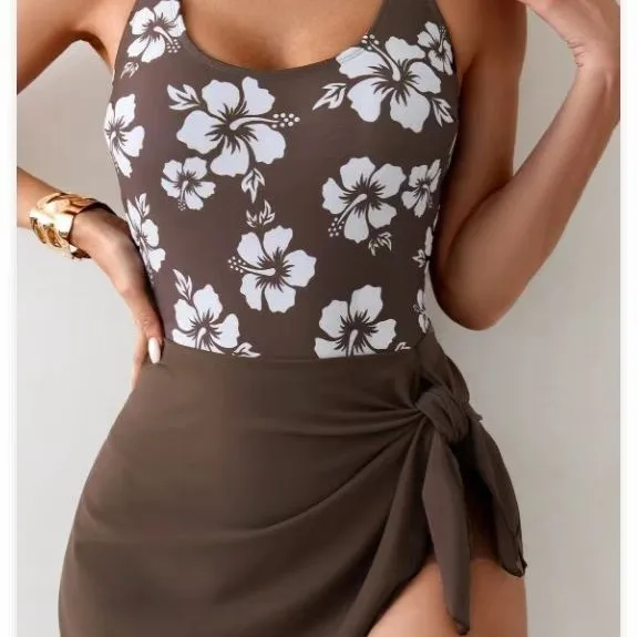 Women Swimsuit Floral Print Tummy Control Swimwear Backless Wrap Skirt Bathing Suit Side Tie Swimsuit Woman Solid Color High view 5