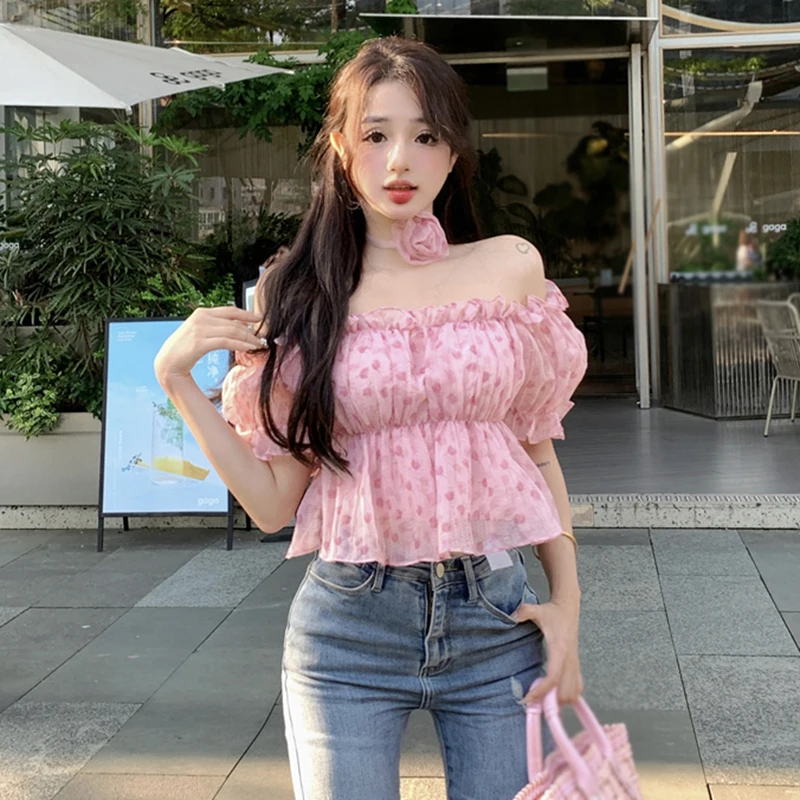 Off Shoulder Flower Print Blouse Women Short Sleeve Crop Tops Short Style Sweet And Spicy All-Match Leisure Summer