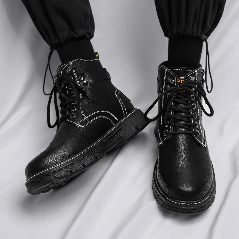 Men's Spring New Platform Height Boosting British High Top Leather Boots Lace Up Design Trendy Versatile Motorcycle Rider Shoes