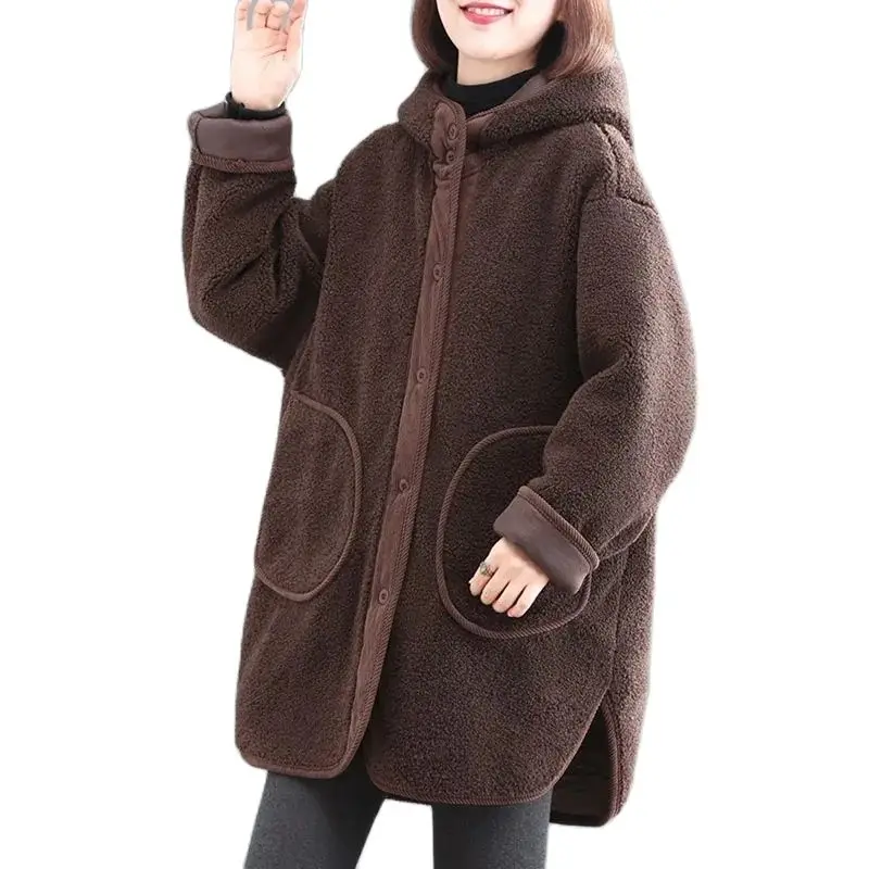 2024 Winter New Korean Loose Lamb Wool Coat Women\'s Thicken Cotton Jacket Ladies Hooded Coat Female Warm Long Parkas Overcoat