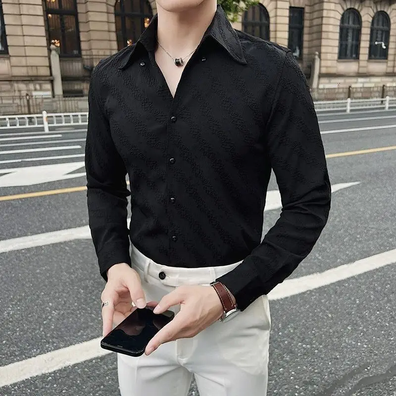 Spring Autumn New Fashion V-neck Long Sleeve Solid Color Blouse Men\'s Clothing Button Smart Casual Korean Slim Simplicity Shirts