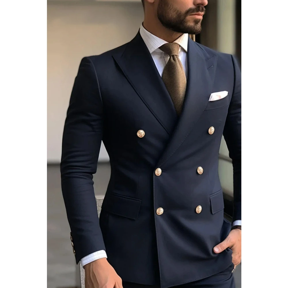 Men Suit Navy Blue Peak Lapel Double Breasted Elegant Groom Full Set 2 Piece Jacket Pants Skinny Costume Homme Terno