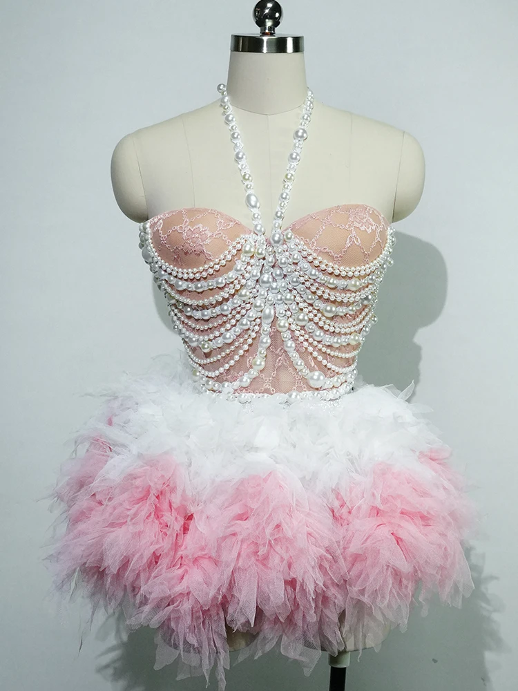 

Women Drag Queen Crystal Sexy Pearl Top Short Skirt 2-pcs Set Celebrate Party Dress Club Performance Dancer Stage Outfits Wear