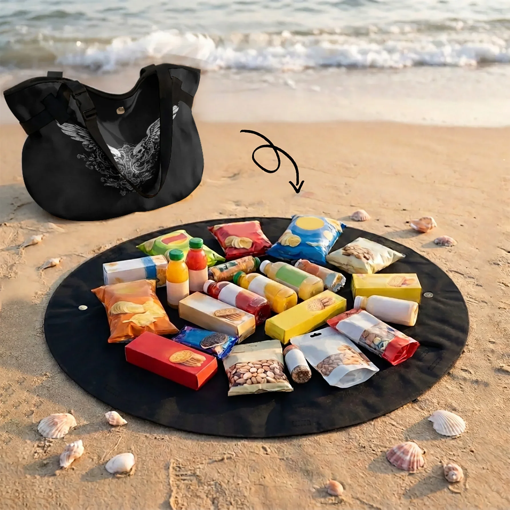 Vintage Wing Skull Print 2 In 1 Tote Bag, Convertible Round Picnic Mat Shoulder Bag For Beach Camping Travel