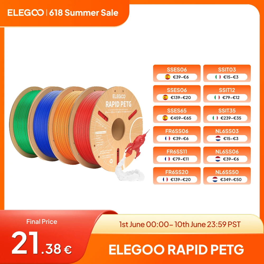 ELEGOO Filament PETG rapide 1.75mm 1KG, Filament d'imprimante 3D haute vitesse 30-600 mm/s 1kg convient à la plupart des imprimantes 3D FDM