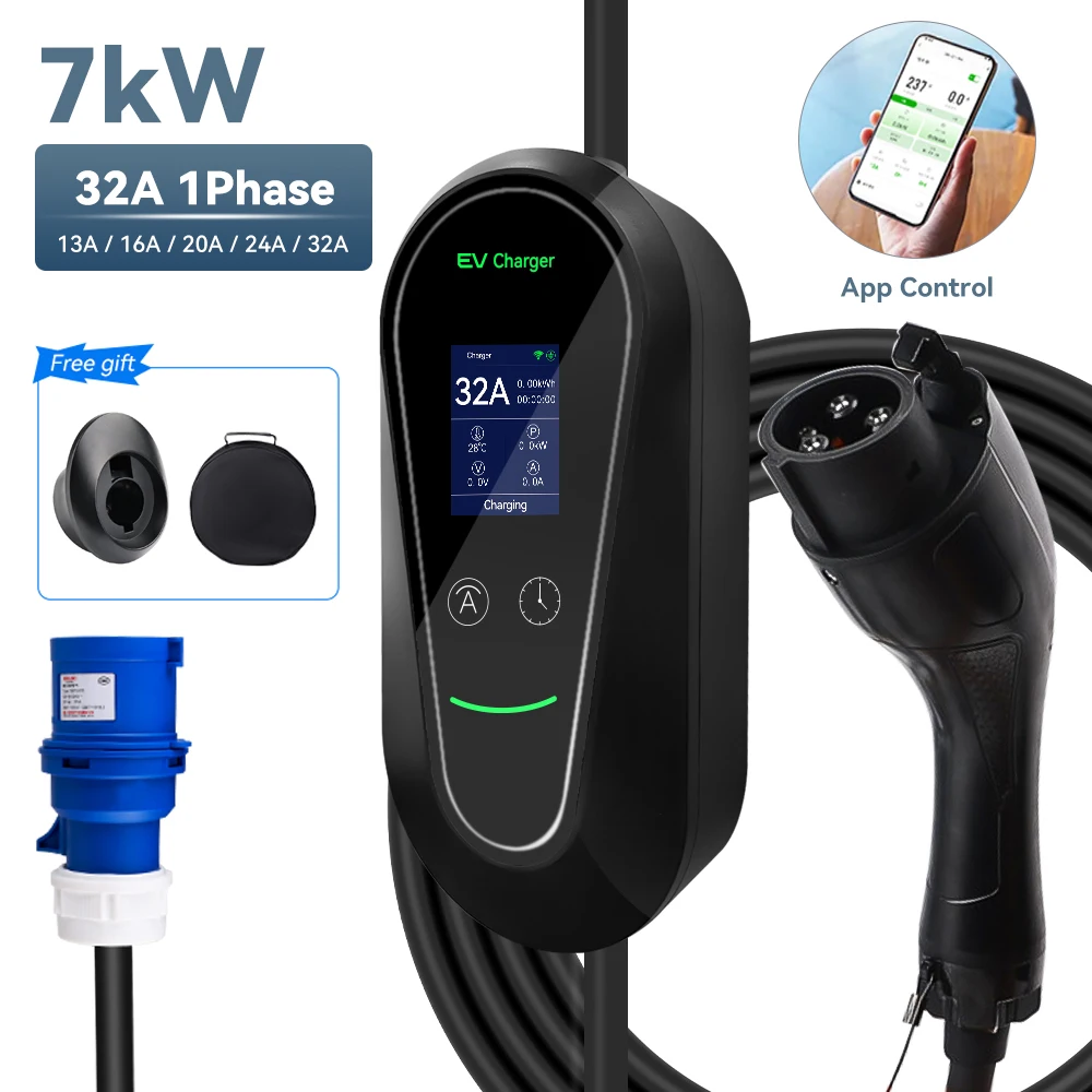 

Portable EV Charger Type2 Type1 GBT 32A 7KW EVSE Wifi APP Control Adjustable Current Timing Charging for Home Outdoor Use