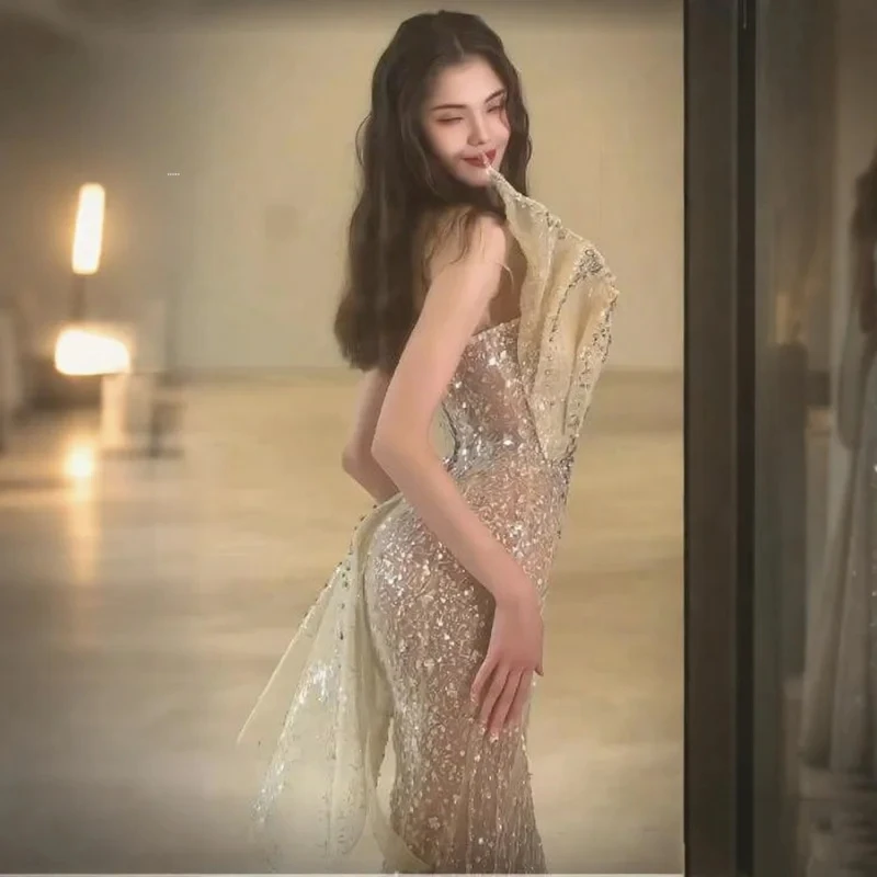 Luxury 2025 Mermaid Evening Dress Party Gown with Pearl Beaded Shoulder Design Ball Gown Vestdos De Fiesta Customized