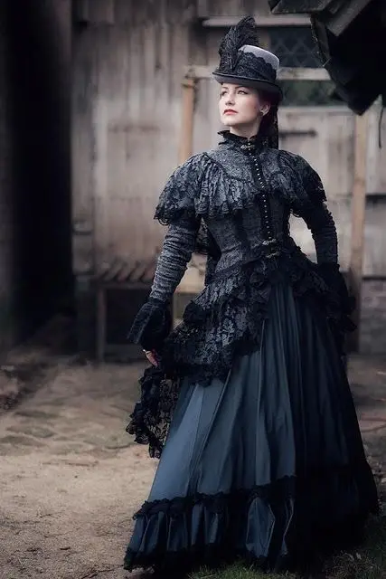 Robe de mariée noire en dentelle style victorien, coupe trapèze, manches longues, col haut, Vampire historique des années 1990, robe formelle pour femmes occidentales