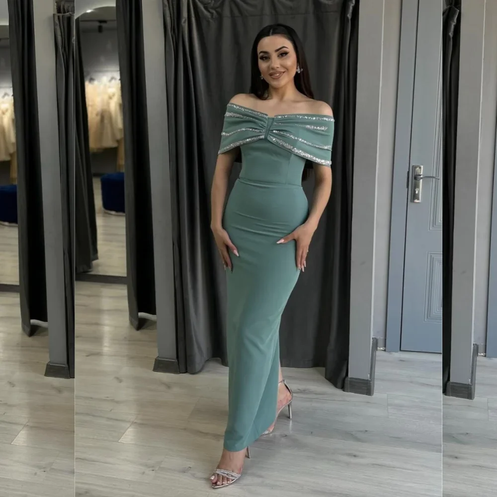 

Classic Jersey Pleat Sheath Off-the-shoulder Midi Dresses Homecoming Dresses Exquisite Modern Style Pastrol Chinese Style