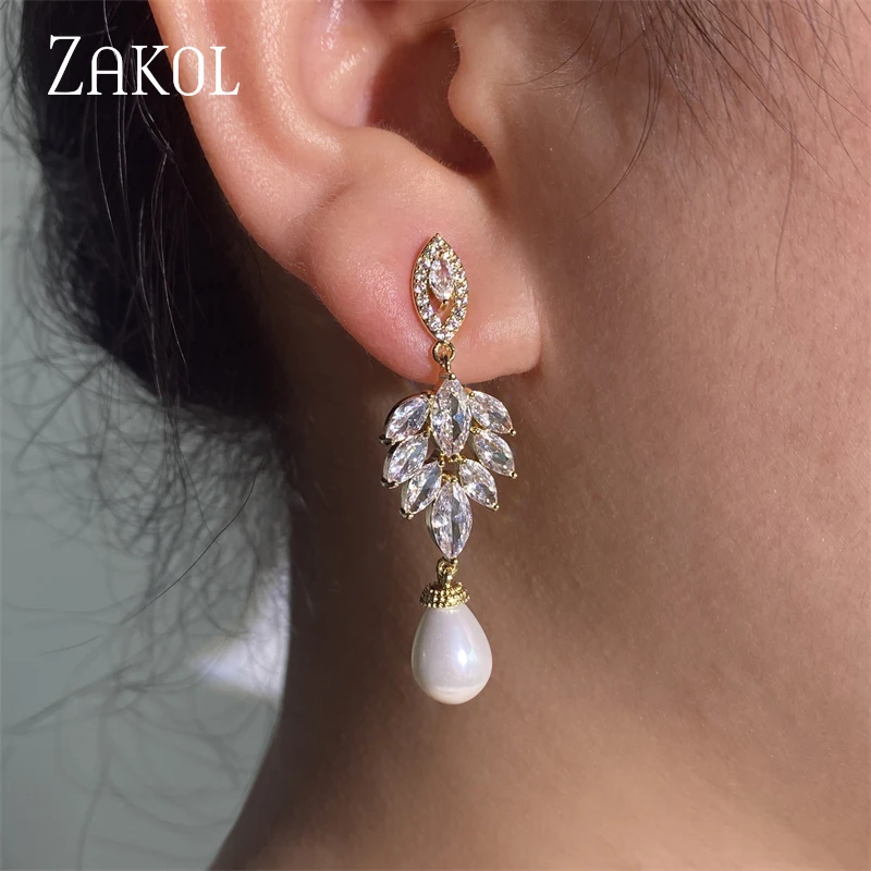 ZAKOL Elegant Cubic Zirconia Leaf Dangle Earrings for Women Luxury Imitation Pearls Bridal Earring Wedding Jewelry