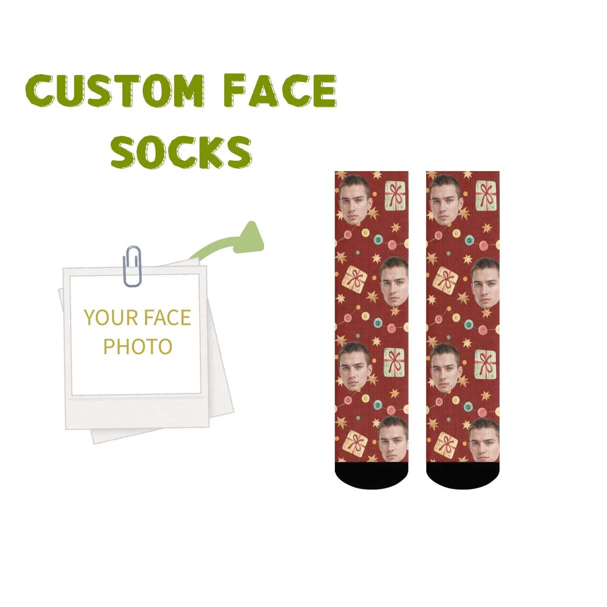 

Personalized Christmas Gift Socks Custom Face & Xmas Elements Gifts Stars Lights on Red Unique Present for Friends Couple Family