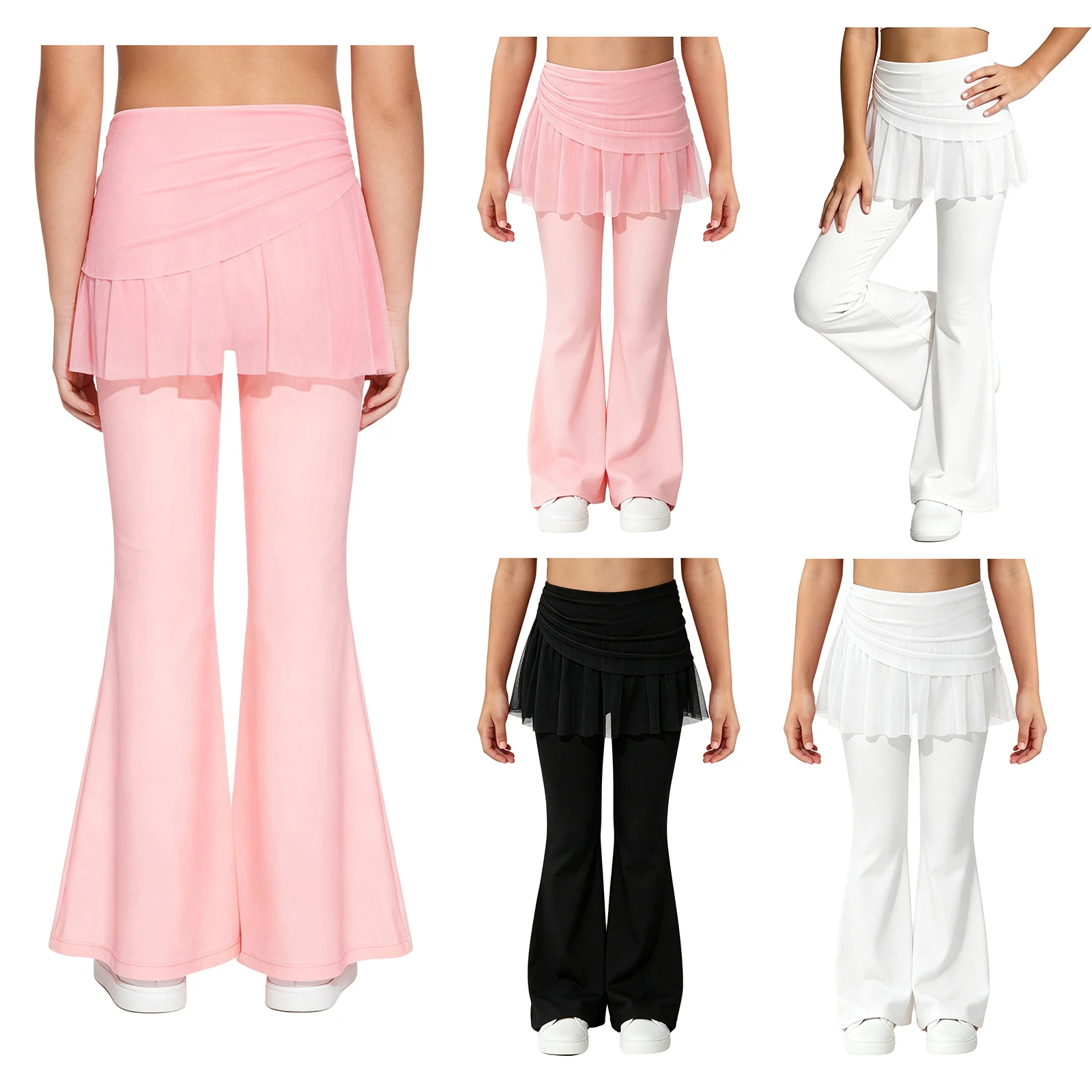 Kids Girls Y2K Flared Pantskirt Elastic Waist Bell-bottom Pants with Ruched Mesh Skirt for Events Weekend Hangouts Casual Outing