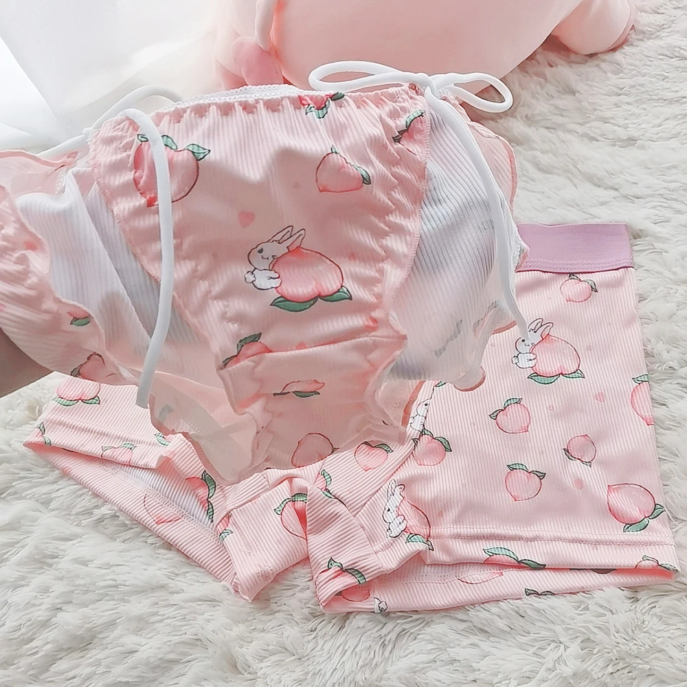 2pcs Cute Couple Underwear Set Men Boxer Shorts Loli Lace Panties Thread Cotton Panty Panties Cozy Lovers Underwear Lingerie