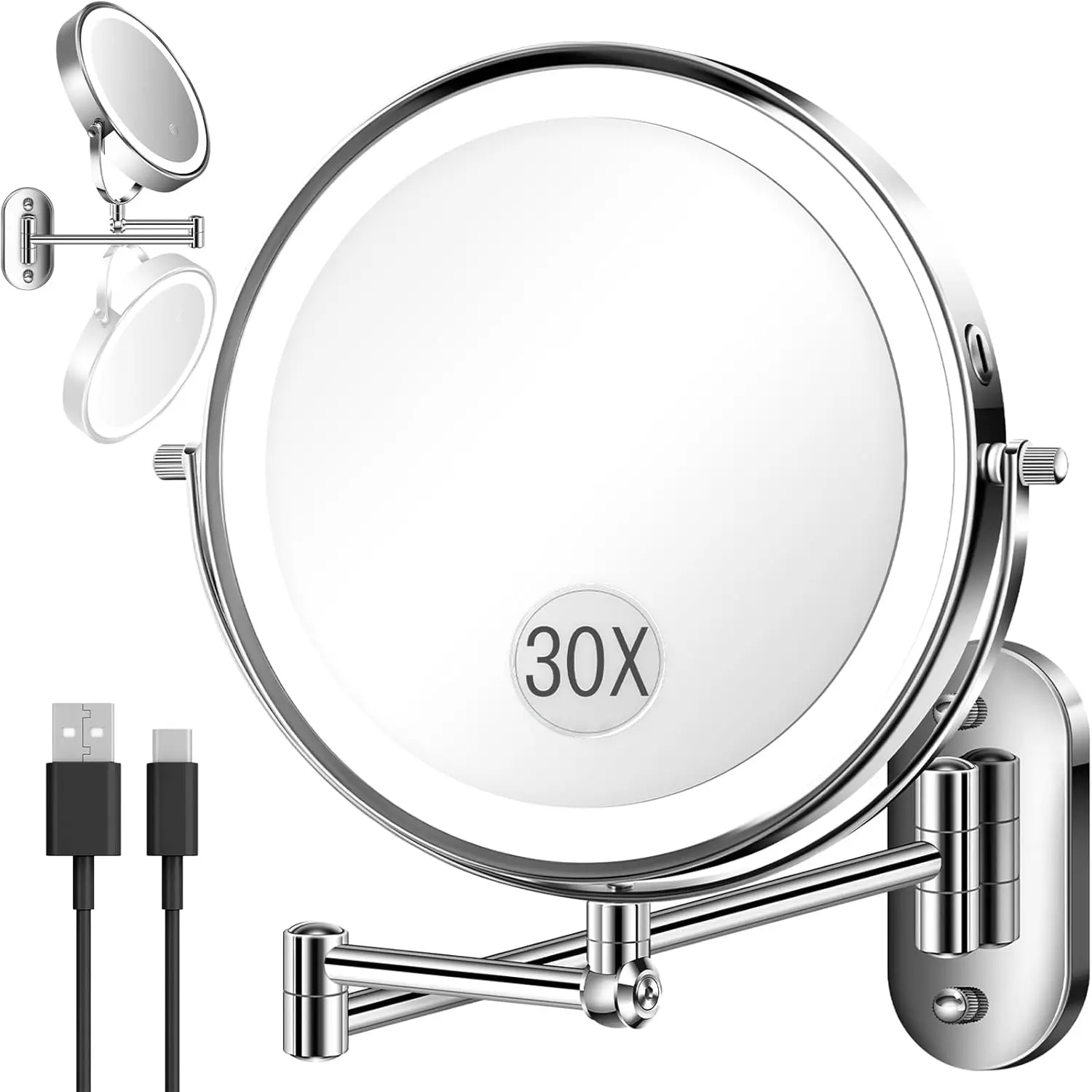 

Wall Mounted Lighted Makeup Mirror, Adjustable Height, Double Sided Magnification, Rechargeable Battery, Touch Dimmable
