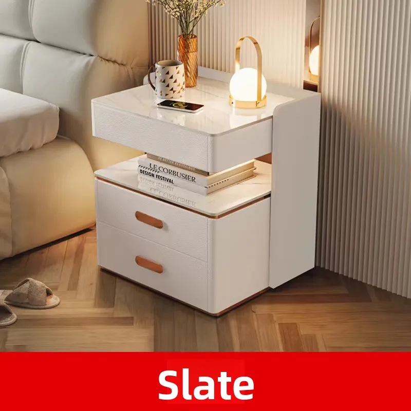 طاولة بجانب السرير ذكية فاخرة وحديثة مصنوعة من الخشب، باللونين الأبيض والأسود، وإضاءة LED حساسة للمس، ومكبر صوت بقفل بصمة الإصبع #3