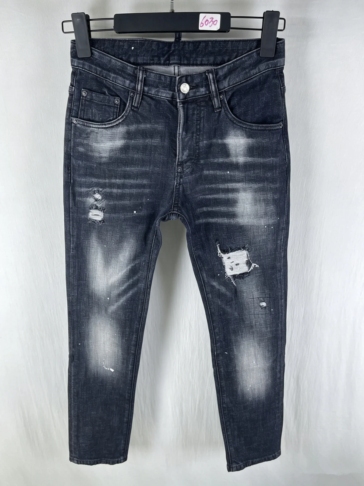 

6030 Four Seasons New Men's Washed Ripped Patch Old Slim Fit Feet Black Jeans for Men