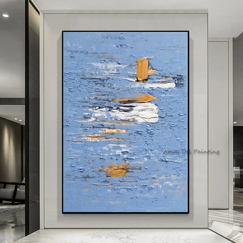 Handpainted Vertical Textured Cool Blue Abstract Painting Minimalist Neutral Art For Entryway Home Decor