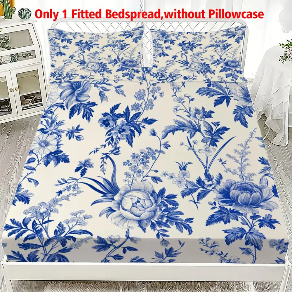 1 Stück Vintage Blaues Blumenmuster Chinoiserie Spannbettlaken mit Tiefen Taschen, Elastischer Matratzenbezug für Einzel-, Doppel-, Queen- und King-Size-Betten, Schlafzimmer-Dekoration