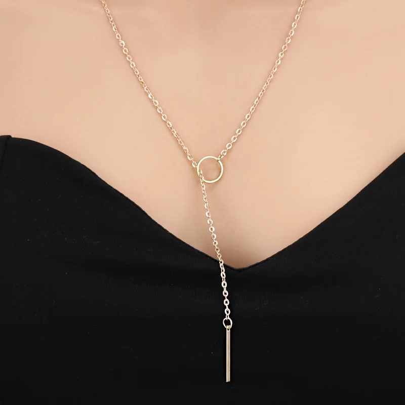 Aihua Minimalistische Halskette mit rundem Stab-Anhänger für Frauen, Schlüsselbein-Halskette, lange Kette, Modeschmuck, Statement-Geschenke für Mädchen – Detail 3