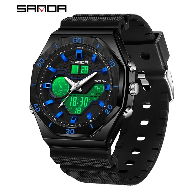 SANDA 6209 Electronic Watch Outdoor Sports Waterproof Digital Analog Display Silicone Strap Wrist Watches for Men Boy Gift