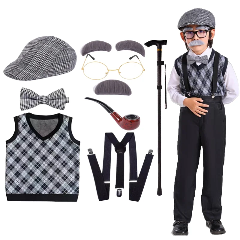 

Kids Old Man Dress Up Cosplay Grandpa Costume for Boys Vest Beard Glasses Walking Stick Suit Carnival Party Role Play Outfit