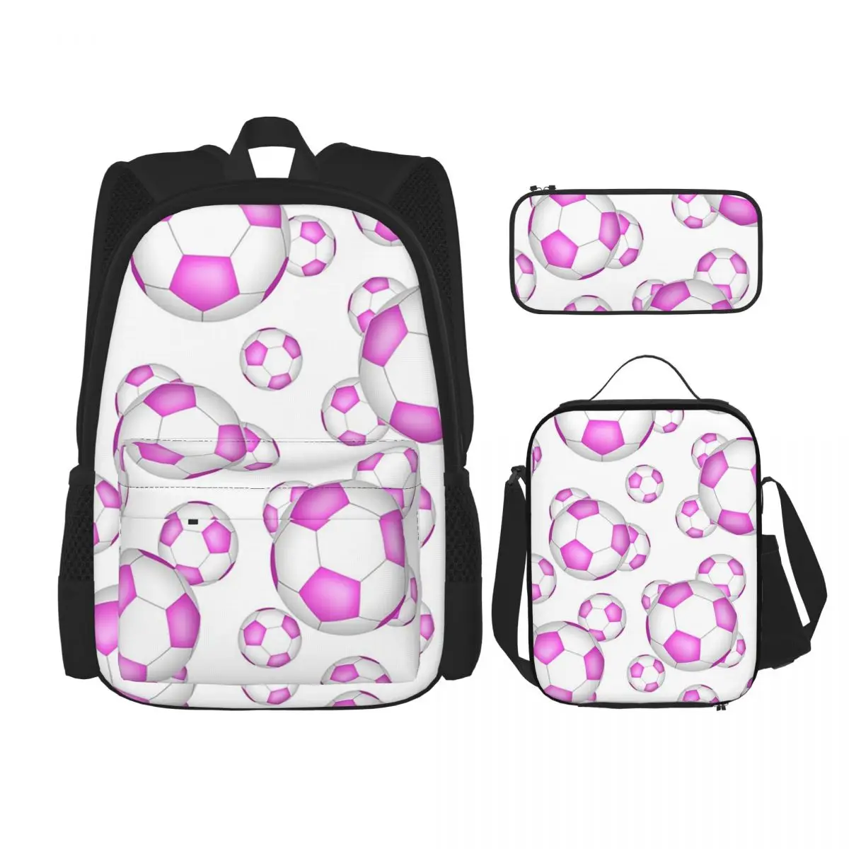 Pink And White Soccer Balls Backpacks Children Bookbag School Bags Rucksack Lunch Bag Pen Bag Three-Piece Set