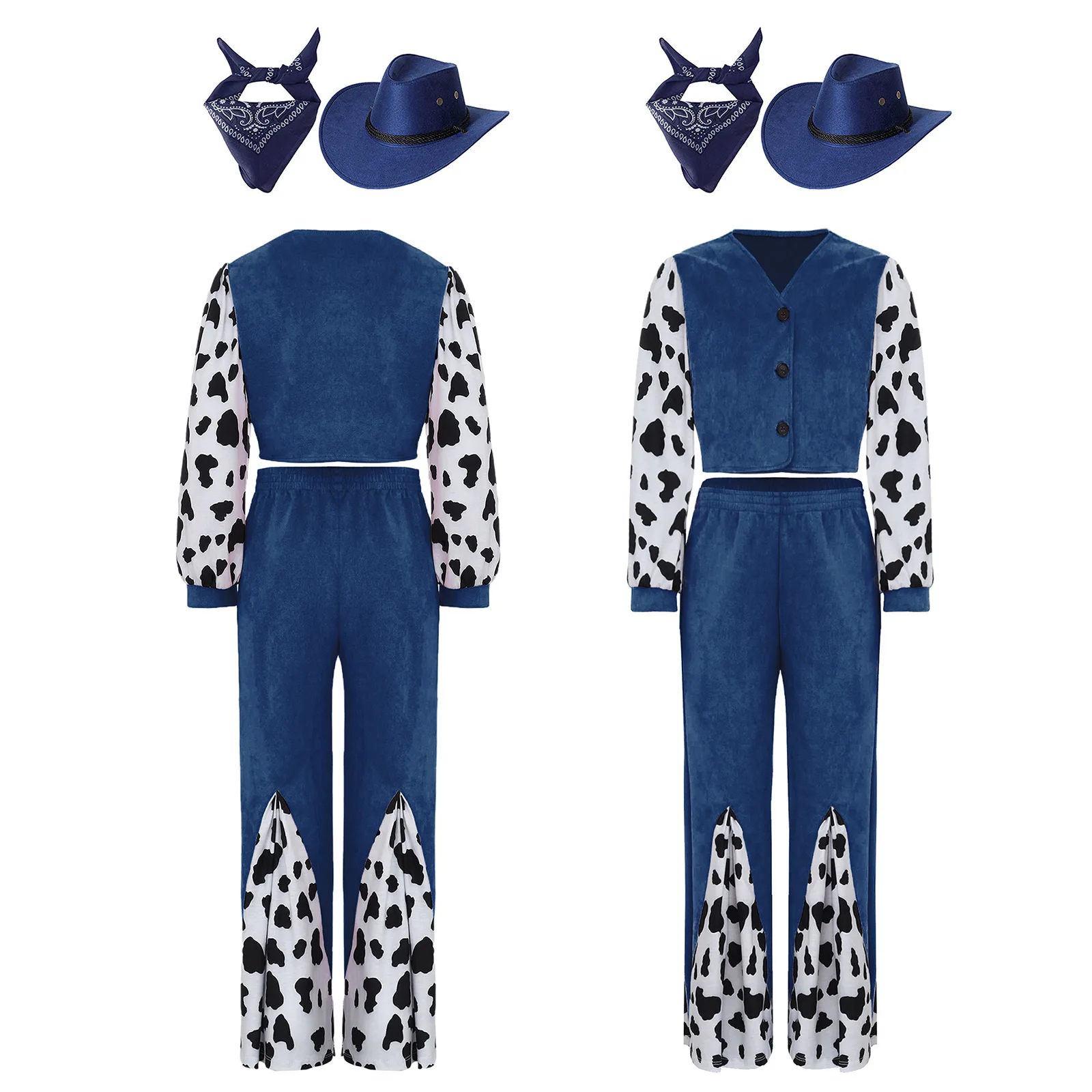 Kids Cowboy Cowgirl Cosplay Costume Halloween Dress Up for Dance Performance with Flare Pants Cowboy Hat And Bandana Set Costume