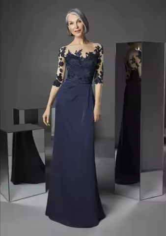 Navy Blue Lace Decorated mother of the bride Groom Maxi dress with Midi sleeves evening dress
